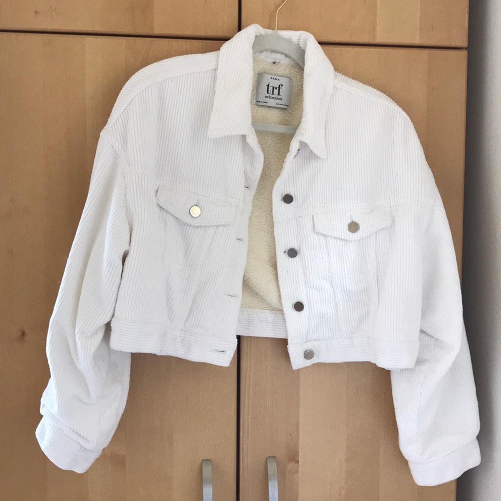 Zara cropped white lined corduroy jacket